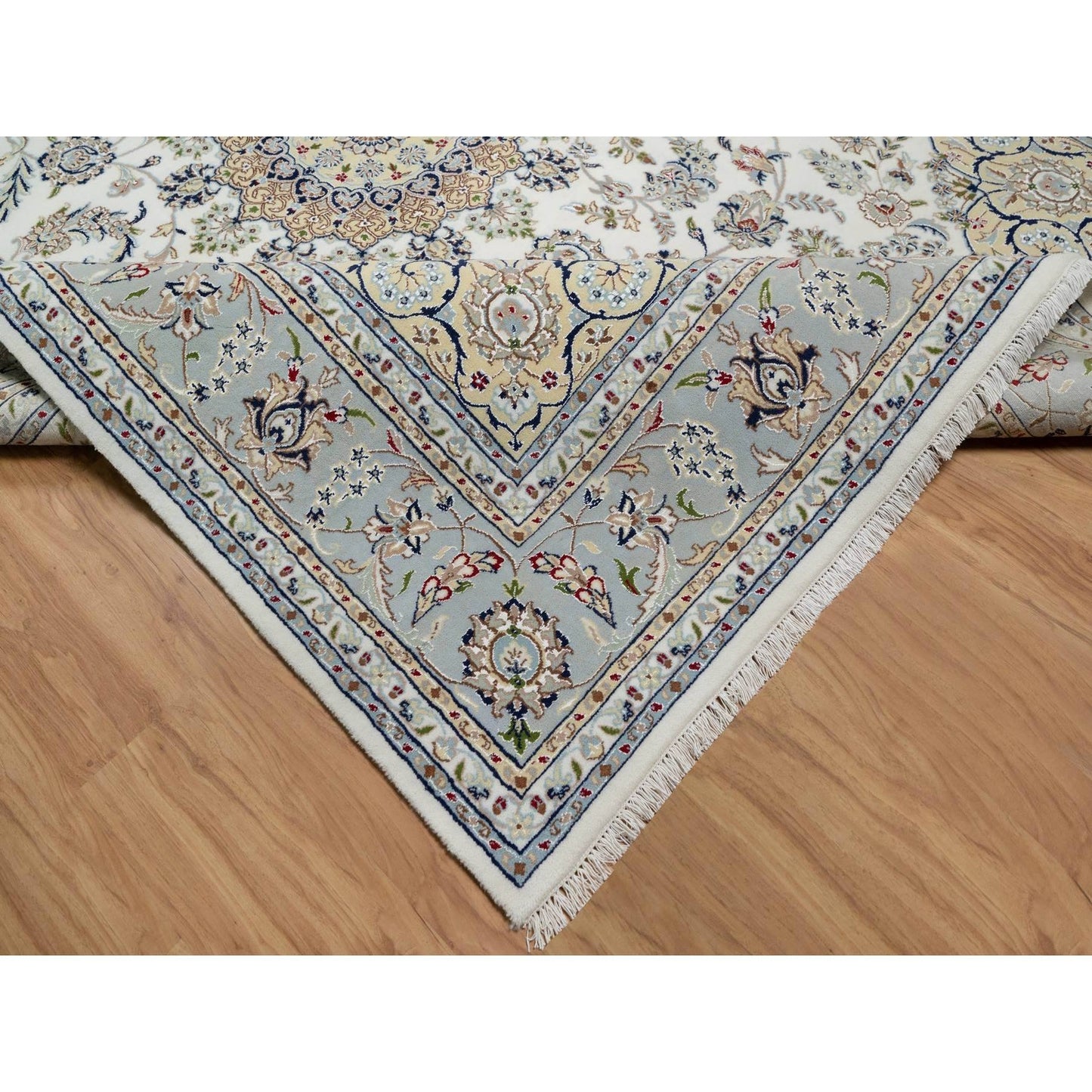 7'8"X10'2" Daisy White Nain Floral Design Hand Knotted Wool And Silk Rug