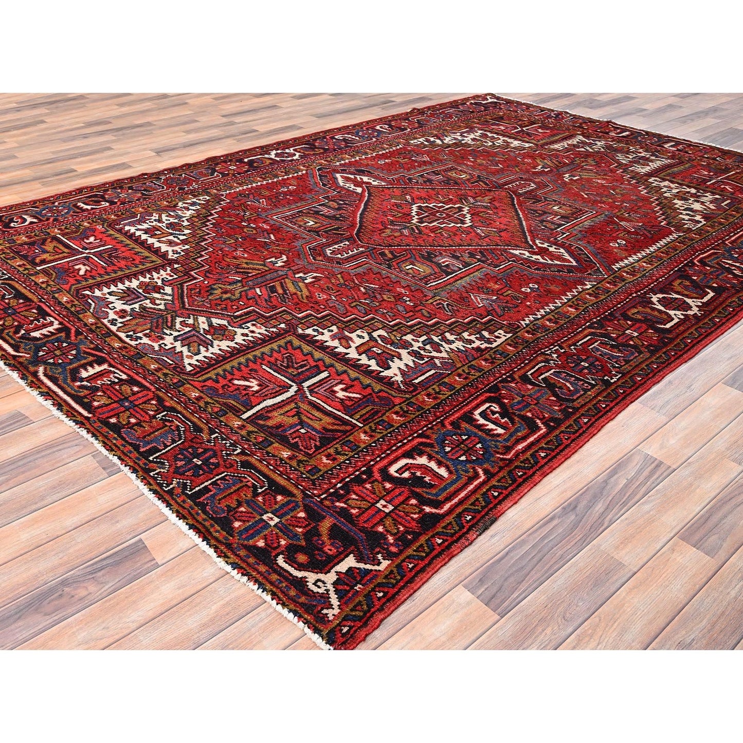 7'8"X11' Carmine Red Vintage Zoroastrian Heris Pure Wool Hand Knotted Rug