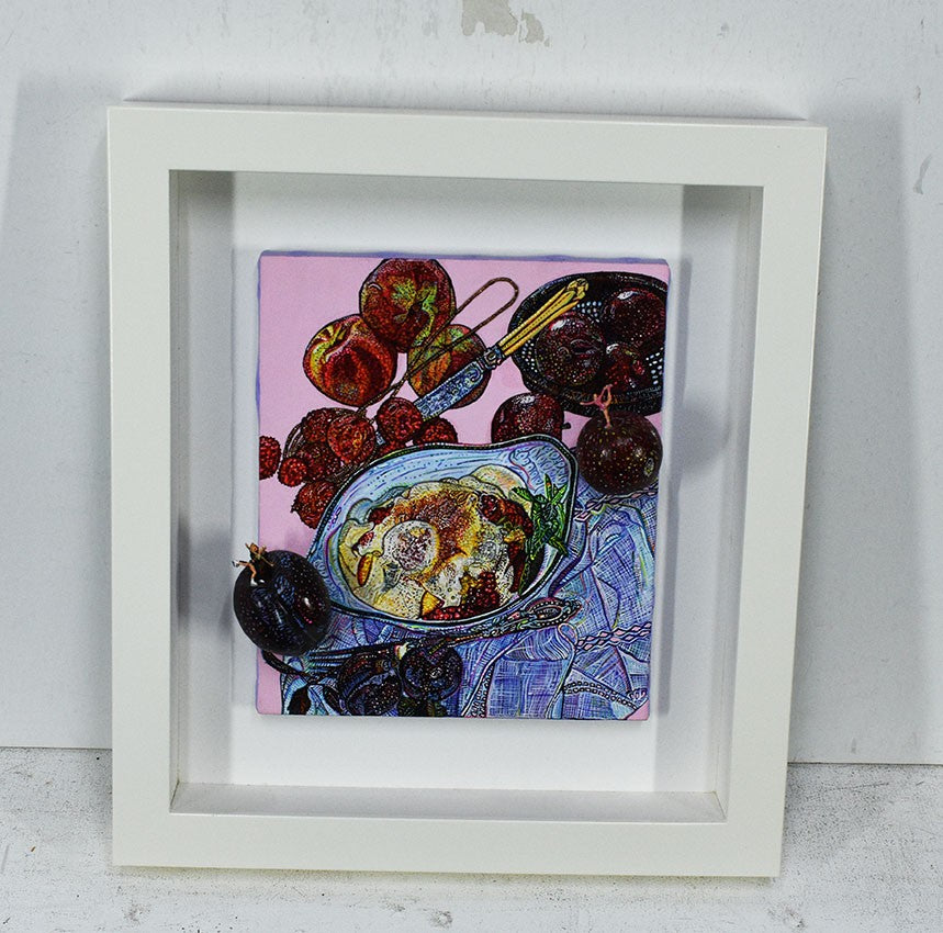 Mimi Yokoo Original Mixed Media Canvas Painting Skating Prune et Pomme