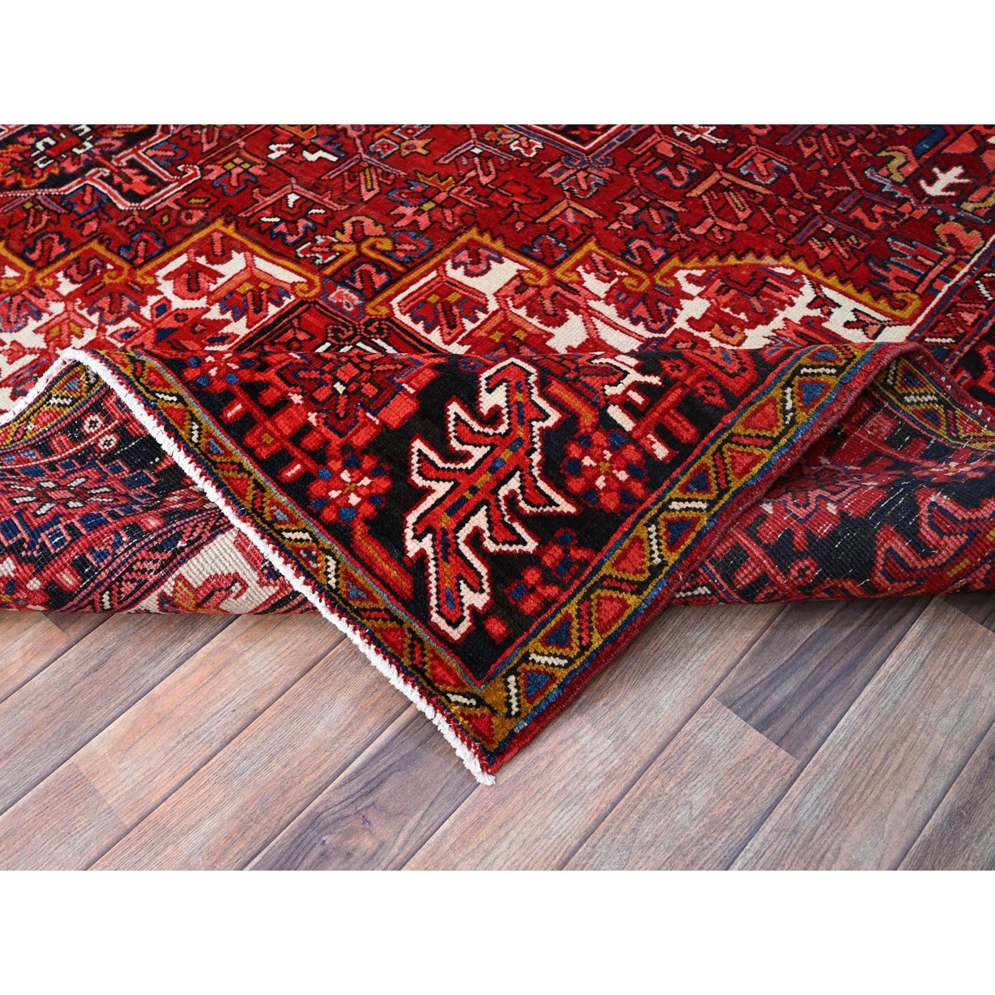10'X12'8" Red With Asphalt Black Border Vintage Heris Oriental Rug