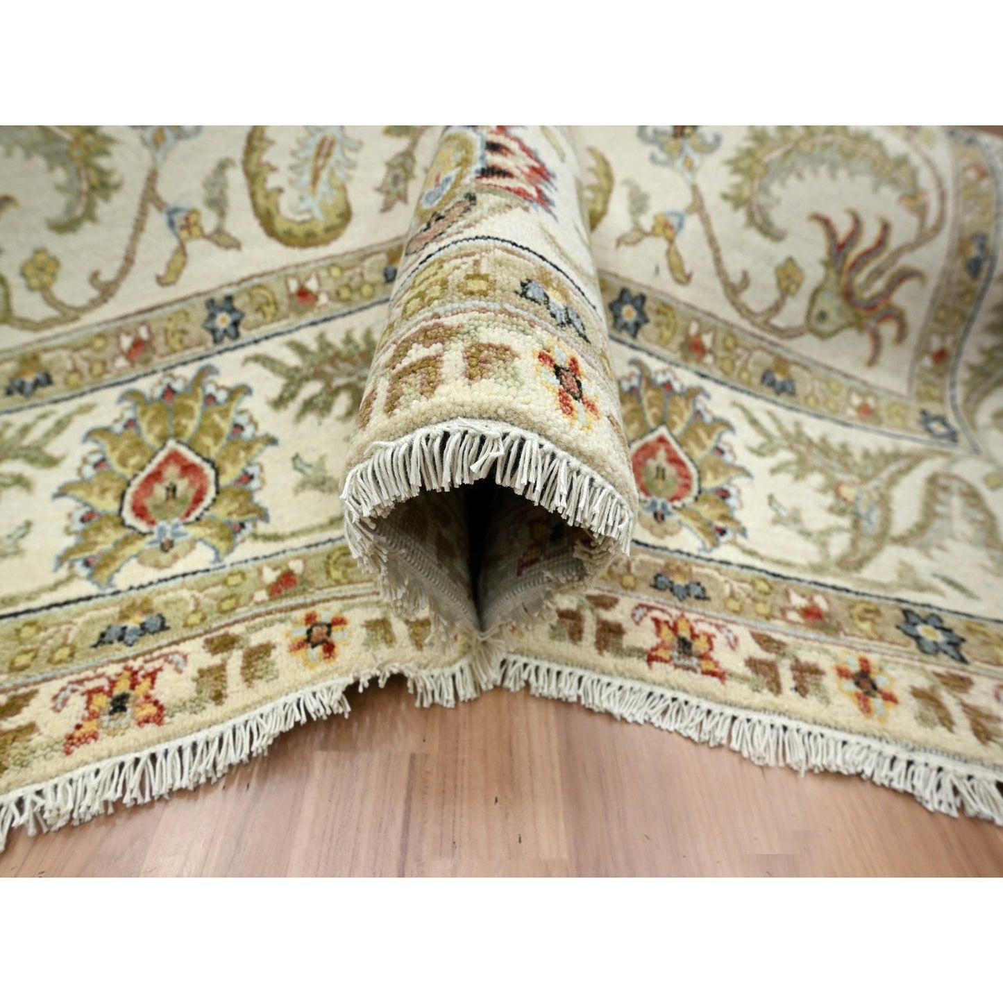 6'1"x9'3" Ivory Ziegler Design Floral Motifs Pure Wool Hand Knotted Rug