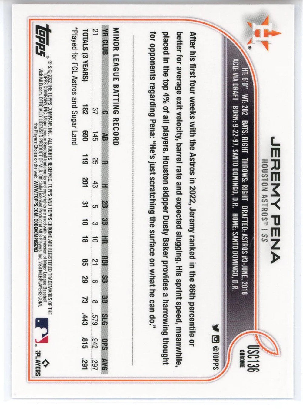 Jeremy Pena 2022 Topps Chrome Rookie Purple Refractor Card #Usc136