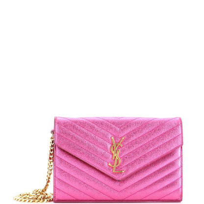 Saint Laurent Classic Monogram Wallet On Chain Matelasse Chevron Metallic