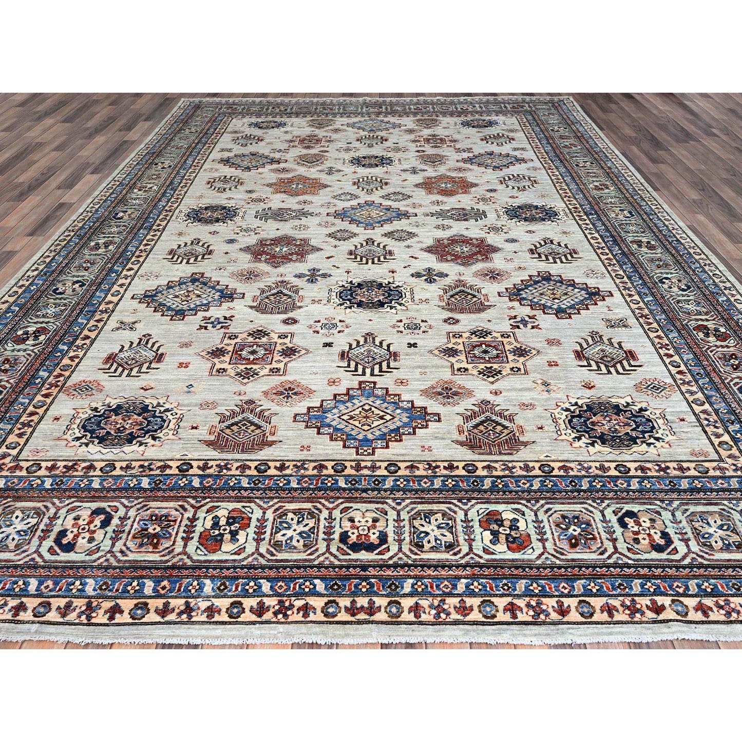 10'X13'8" Wickham Gray Hand Knotted Wool Afghan Super Kazak Oriental Rug