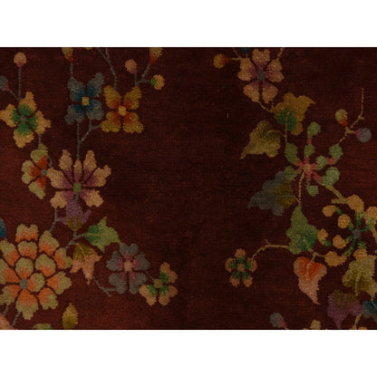 3'X3'10" Red Antique Chinese Art Deco Flower Design Wool Hand Knotted Rug
