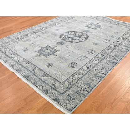 7'9"X9'10" Pure Silk With Textured Wool Khotan Design Hand Knotted Rug