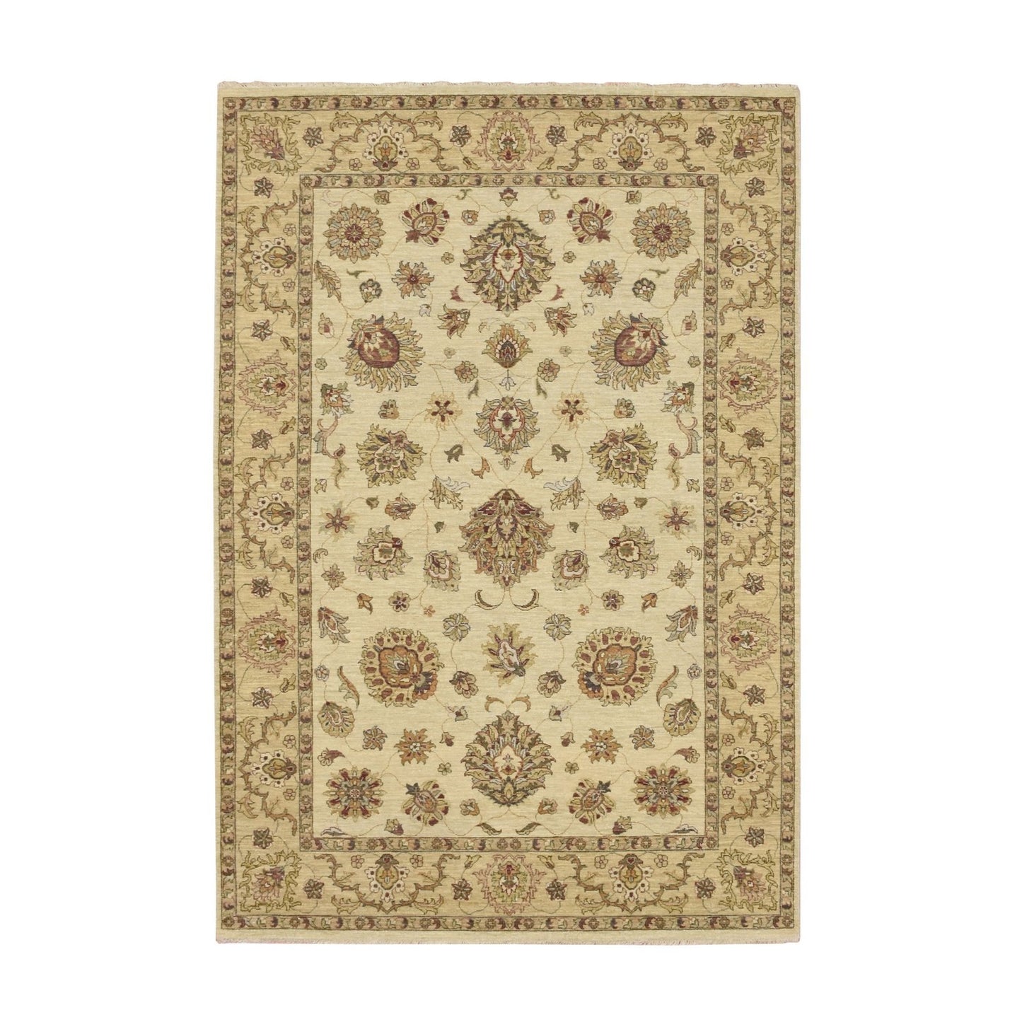 5'6"X8'1" Ivory Pure Wool Agra With Ziegler Design Leaf Pattern Hand Knotted