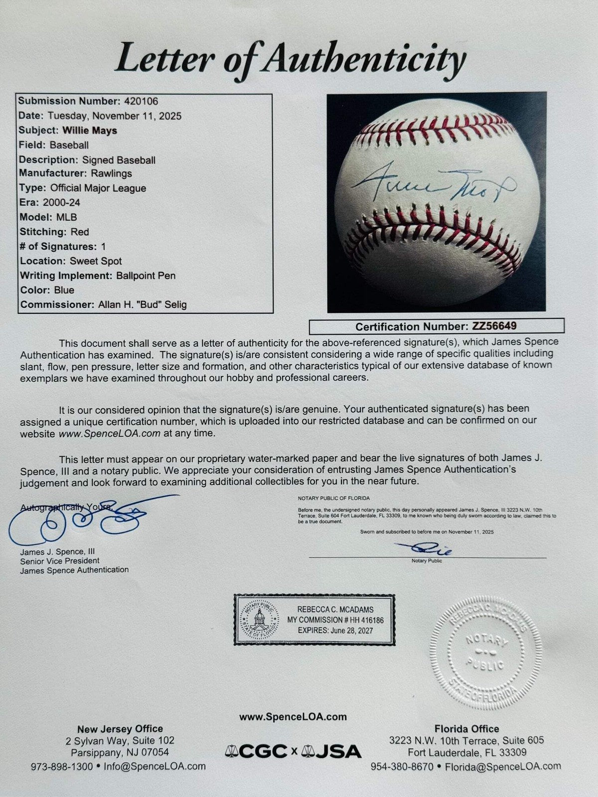 Willie Mays Autographed Official Major League Baseball (Jsa)