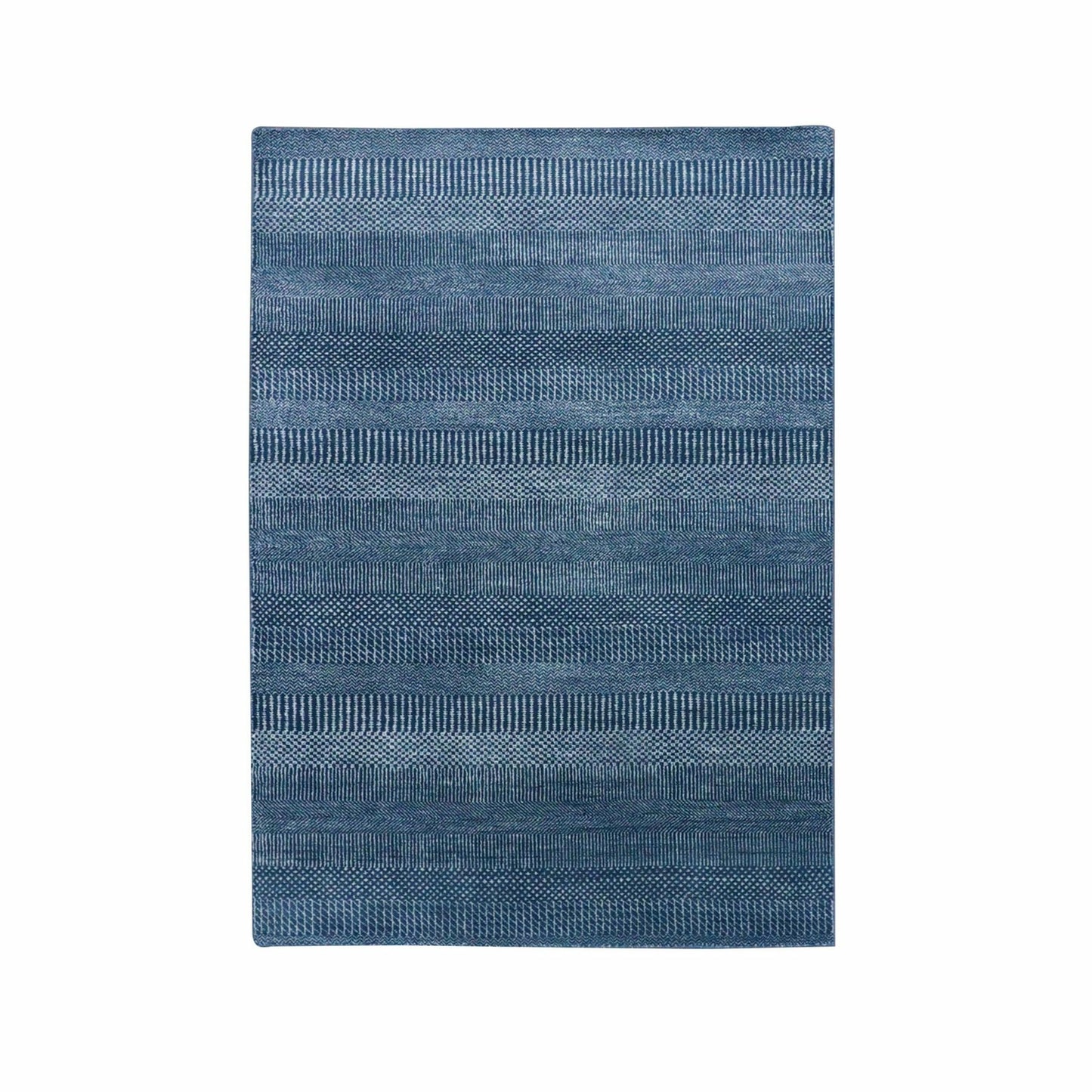 4'1"X6'1" Blue Wool And Silk Hand Knotted Modern Grass Design Gabbeh Rug