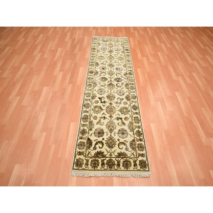2'7"X8'3" White Rajasthan Leaf Design Hand Knotted Wool & Silk Runner Rug