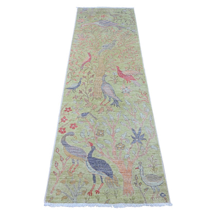 2'4"X7'9" Green Hand Knotted Afghan Peshawar Birds Design Wool Runner Rug