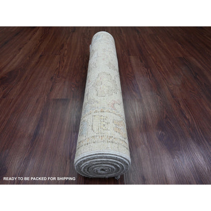 2'10"X12'7" White Angora Oushak Leaf Motifs Hand Knotted Wool Runner Rug