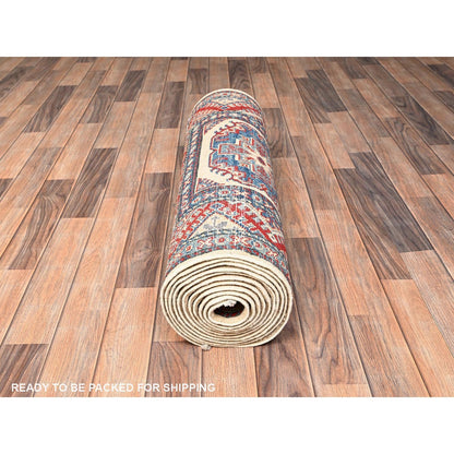 2'10"X15'5" Ivory Kazak With Geometric Design Hand Knotted Rug Wool Runner