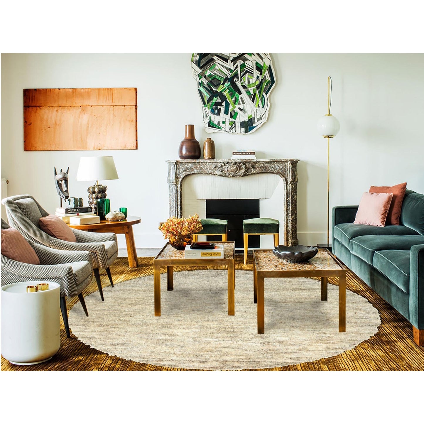 13'6"X13'6" Beige Shaggy Moroccan Wool Hand Knotted Round Rug