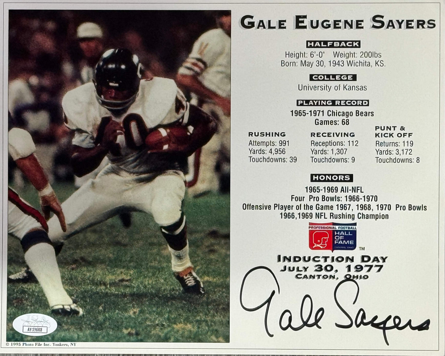 Gale Sayers Autographed 8X10 Photo Card (Jsa)