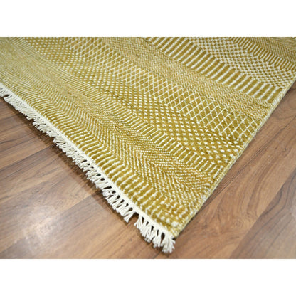 9'X12' Ecru Brown Modern Grass Design Wool And Silk Hand Knotted Rug