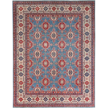9'2"X11'9" Blue Hand Knotted Geometric Medallions Pure Wool Oriental Rug