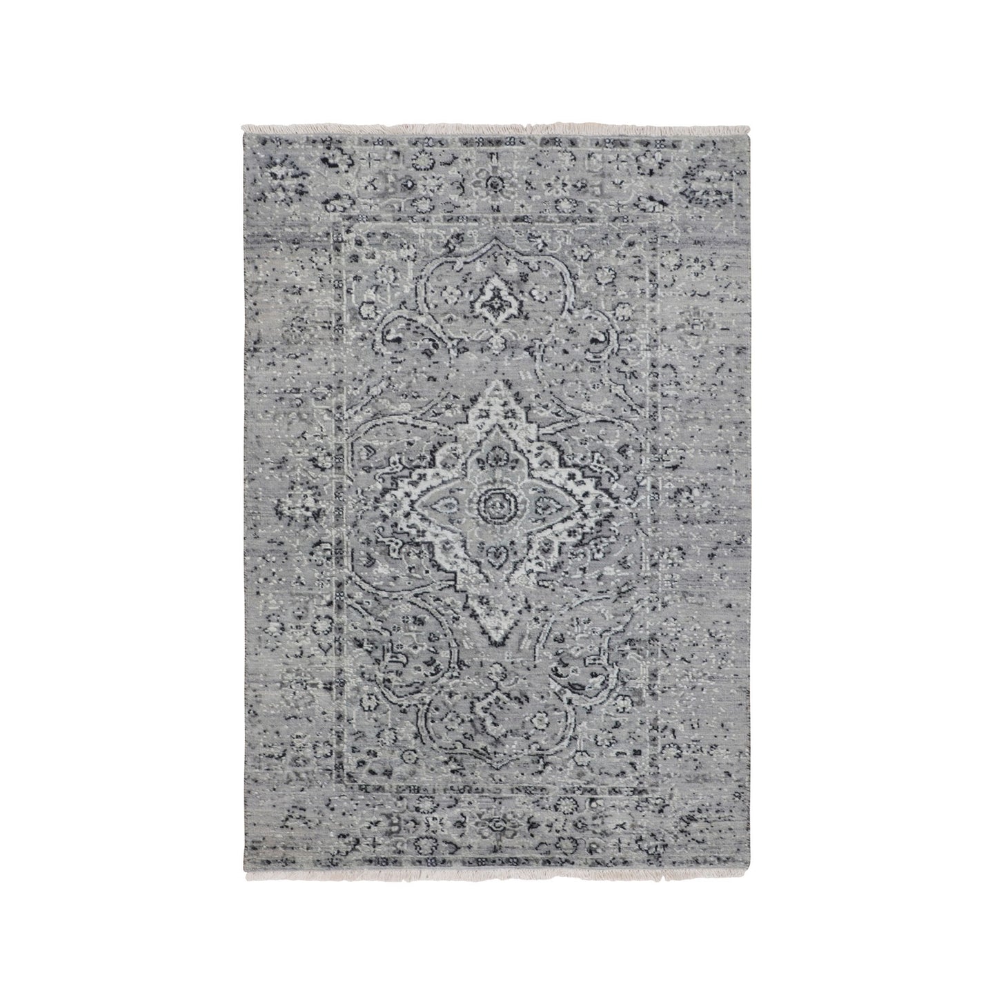 3'1"X5'1" Gray Farsian Silk With Textured Wool Hand Knotted Oriental Rug
