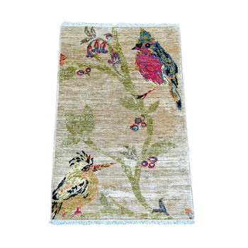 2'X3' Beige Mat Rug Sparrows On The Tree Peshawar Hand Knotted Soft Wool