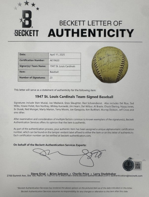 1947 St Louis Cardinals Team Signed Baseball (23) Stan Musial Hof Beckett Bas 14