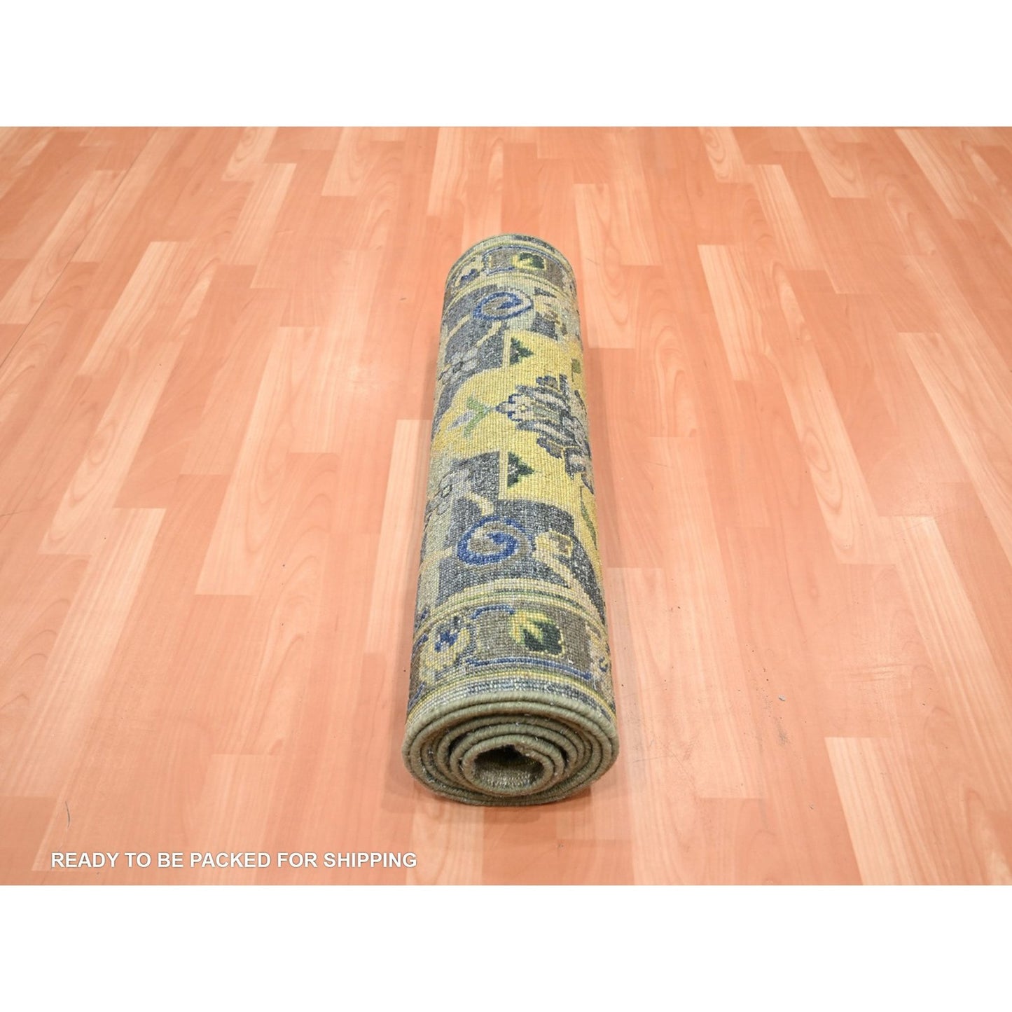 2'7"X10'6" Green Erased Birds Design Hand Knotted Pure Wool Runner Rug