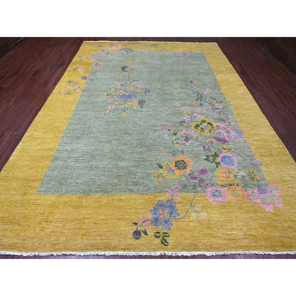 9'1"X12'5" Green Chinese Art Deco Inspired Peshawar Hand Knotted Wool Rug
