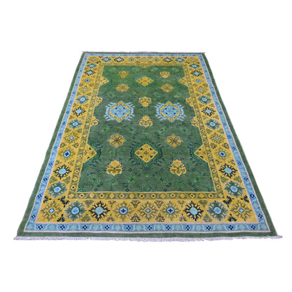 5'4"X7'6" Green Fusion Kazak Caucasian Design Pure Wool Hand Knotted Rug