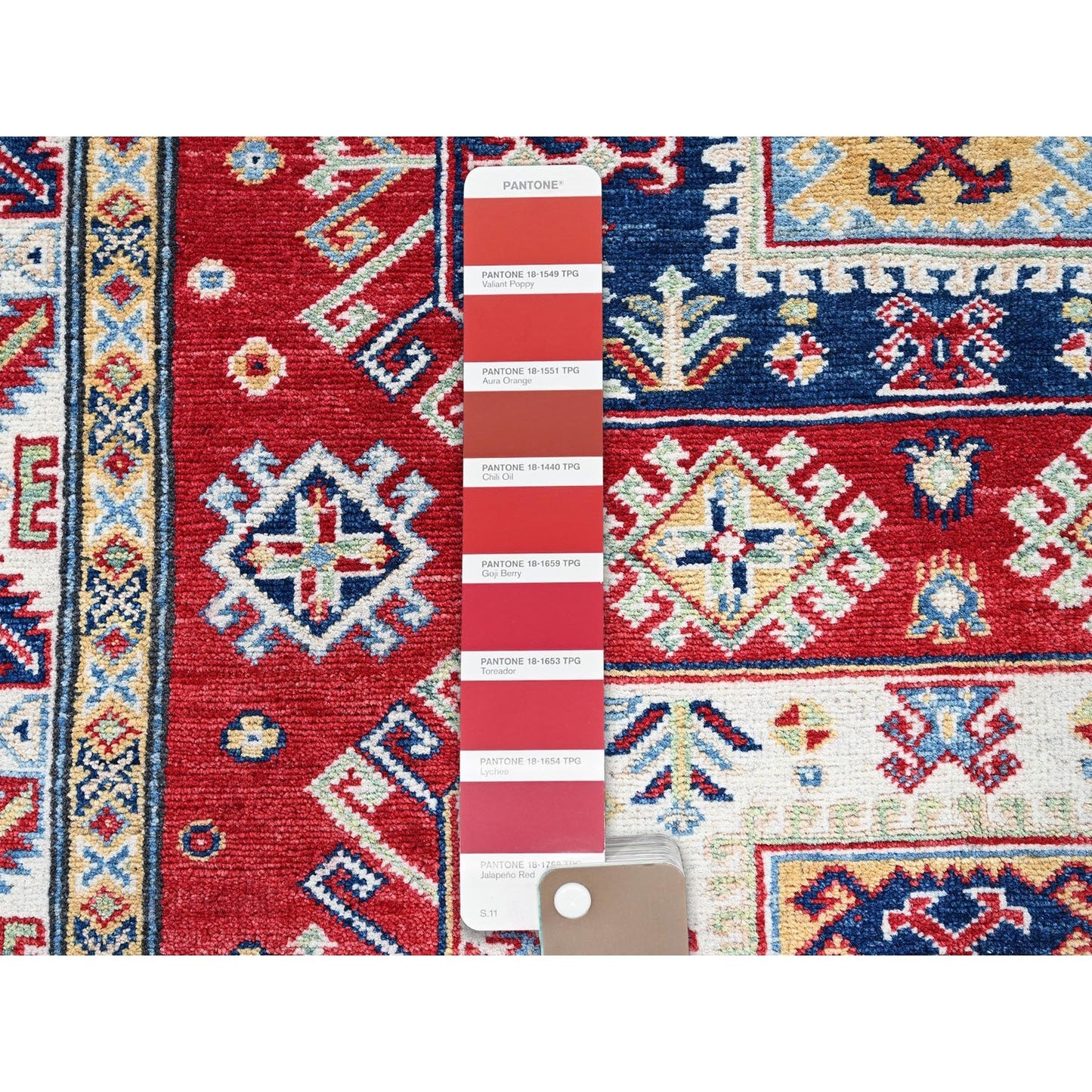 4'1"X5'6" Red Kazak With Geometric Medallions Design Wool Hand Knotted Rug