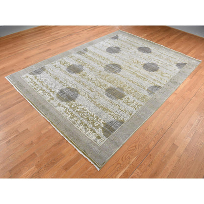 8'9"X12'1" Green Silk With Wool Abrash Artistic Motifs Hand Knotted Rug
