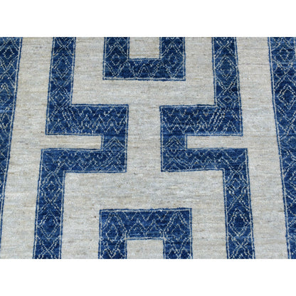7'10"X9'9" Blue Wool Maze Design With Berber Influence Hand Knotted Rug