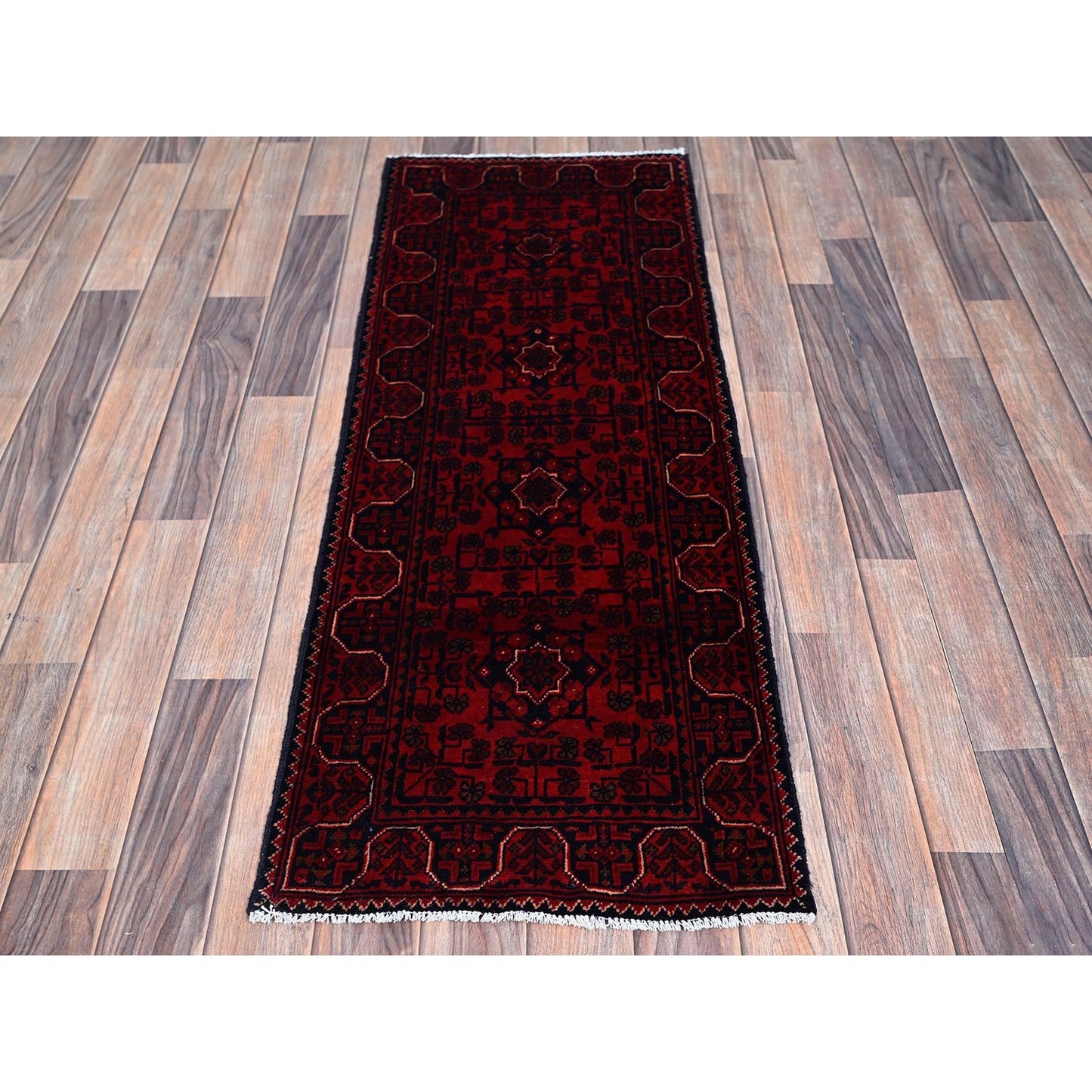 1'8"X4'9" Red Afghan Khamyab Geometric Pattern Hand Knotted Wool Runner Rug