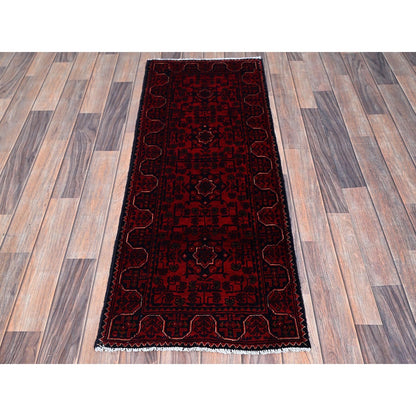 1'8"X4'9" Red Afghan Khamyab Geometric Pattern Hand Knotted Wool Runner Rug