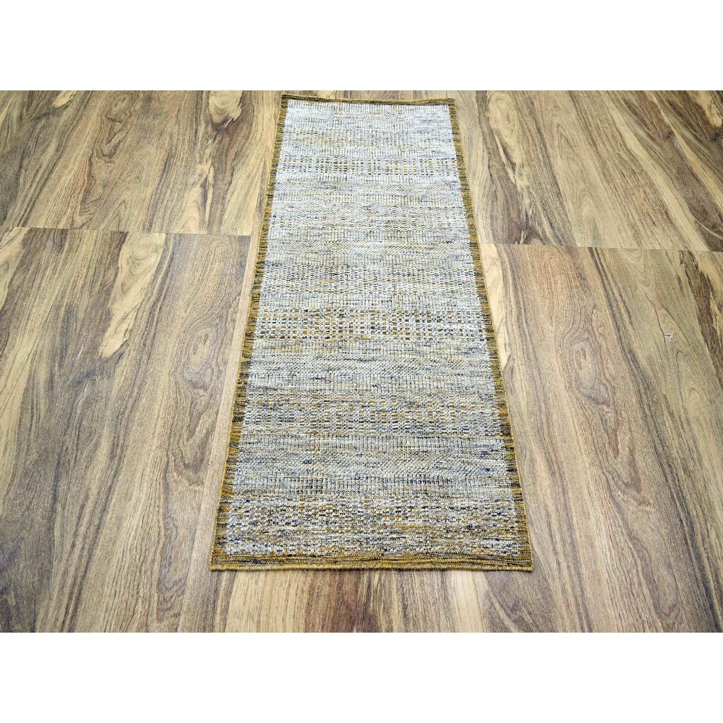 2'8"X6' White & Gold Wool Oxidized Grass Design Hand Knotted Runner Rug