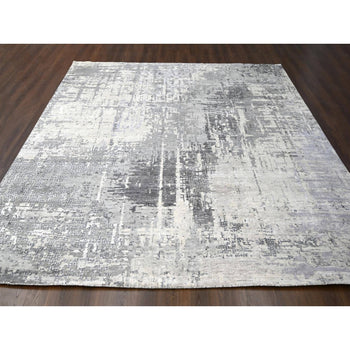 12'X12' Gray Abstract Design Wool And Silk Hand Knotted Square Rug