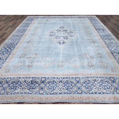 10'X12'9" Blue Worn Down Shiny Wool Cropped Thin Cleaned Oriental Rug