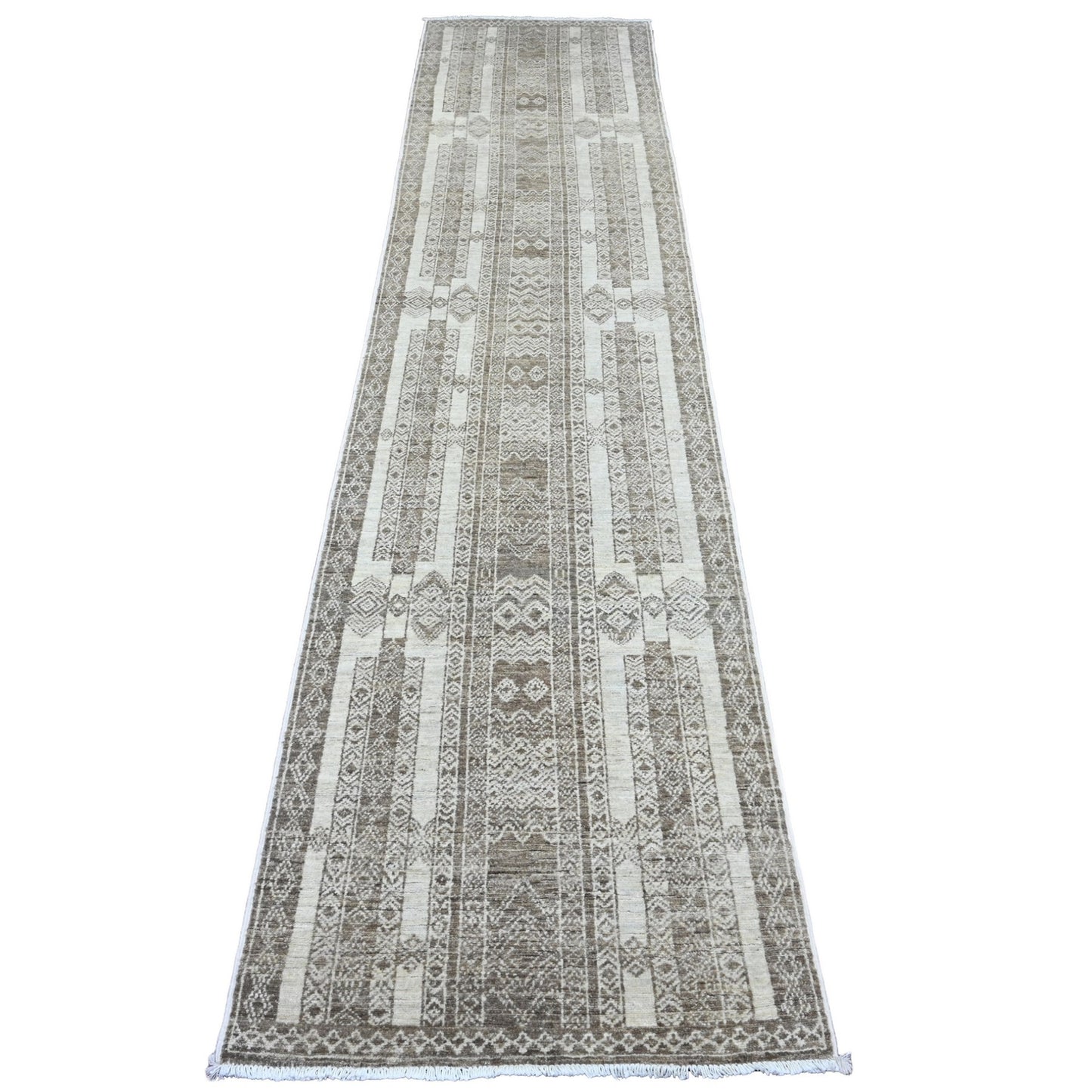 2'6"X11'6" Brown Geometric Berber Influence Wool Hand Knotted Runner Rug