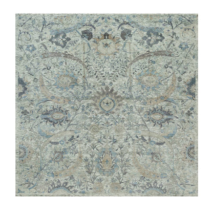 8'X8' Delicate White Sickle Leaf Hand Knotted Silk And Wool Square Rug