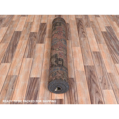 3'4"X9'3" Brown Hand Knotted Vintage Farsian Worn Wool Wide Runner Rug