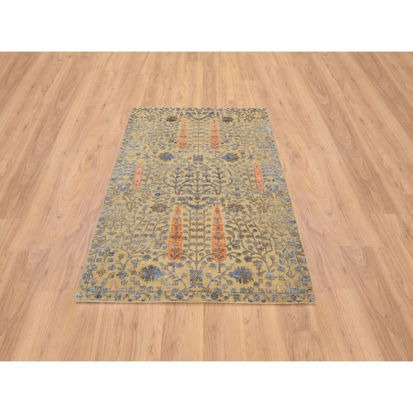 4'1"X6'2" Brown Hand Knotted Cypress Tree Design Silk With Wool Rug