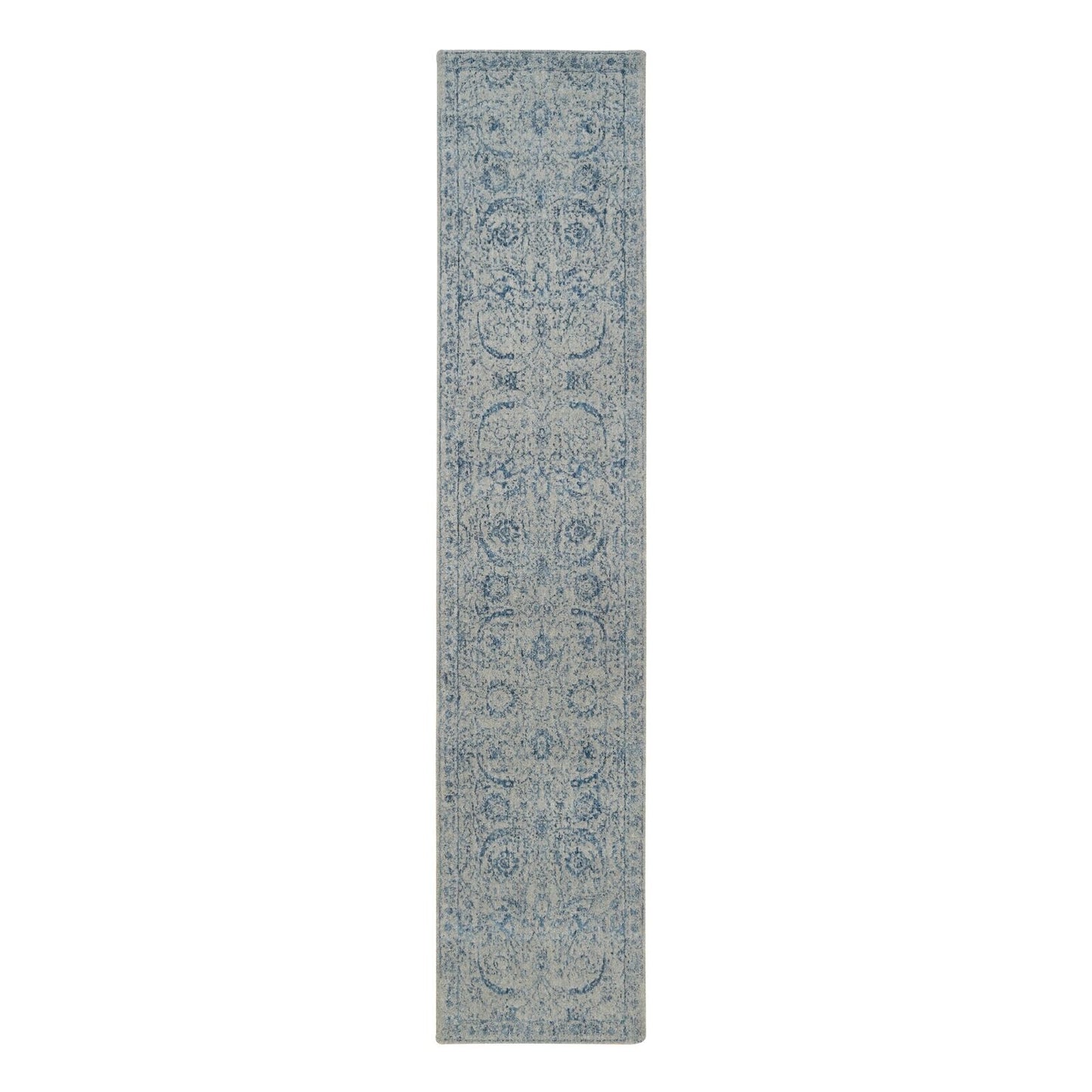 2'6"X12' Fine Jacquard Wool And Silk Hand Loomed Gray Runner Rug