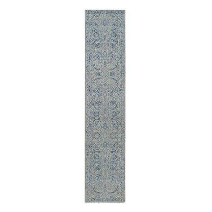 2'6"X12' Fine Jacquard Wool And Silk Hand Loomed Gray Runner Rug