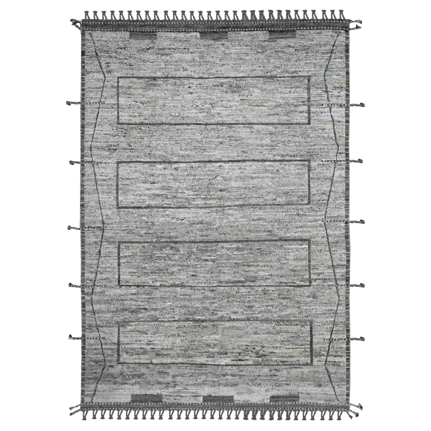 6'2"X9' Gray Moroccan Weave Compartment Design Hand Knotted Soft Wool Rug