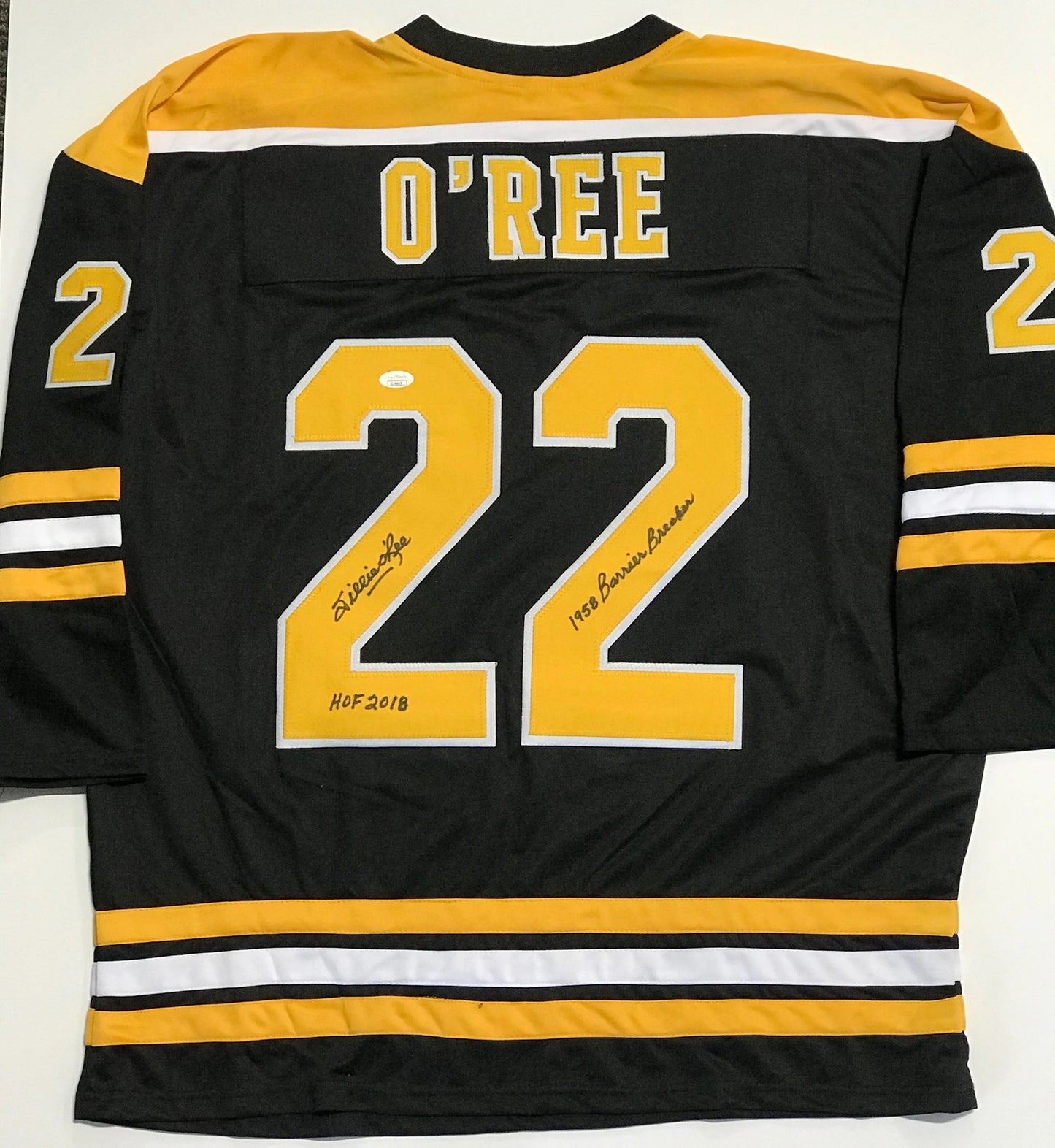 Willie O'Ree "Hof 2018 Barrier Breaker 58" Autographed Boston Bruins Jersey (Jsa