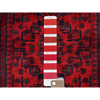 2'9"X3'10" Red Afghan Khamyab Tribal Design Hand Knotted Wool Sample Rug