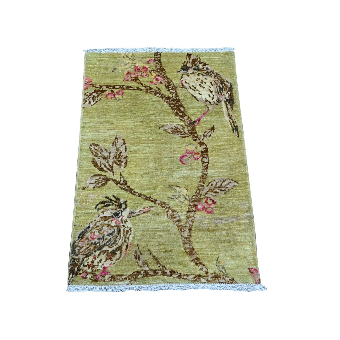 1'10"X3' Green Sparrows On The Tree Pure Wool Hand Knotted Sample Rug