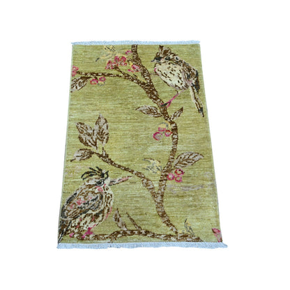 1'10"X3' Green Sparrows On The Tree Pure Wool Hand Knotted Sample Rug
