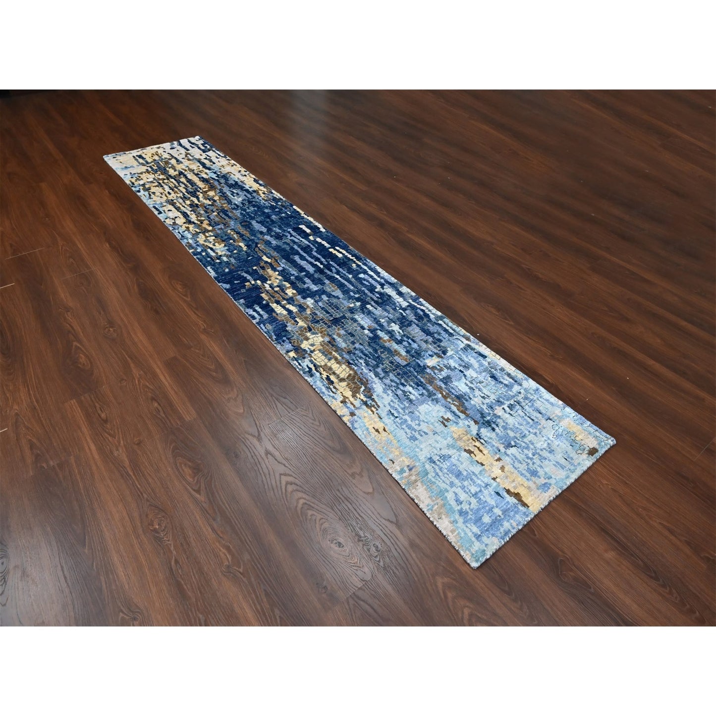 2'6"X12' Yale Blue Mosaic Design Hand Knotted Wool And Silk Runner Rug