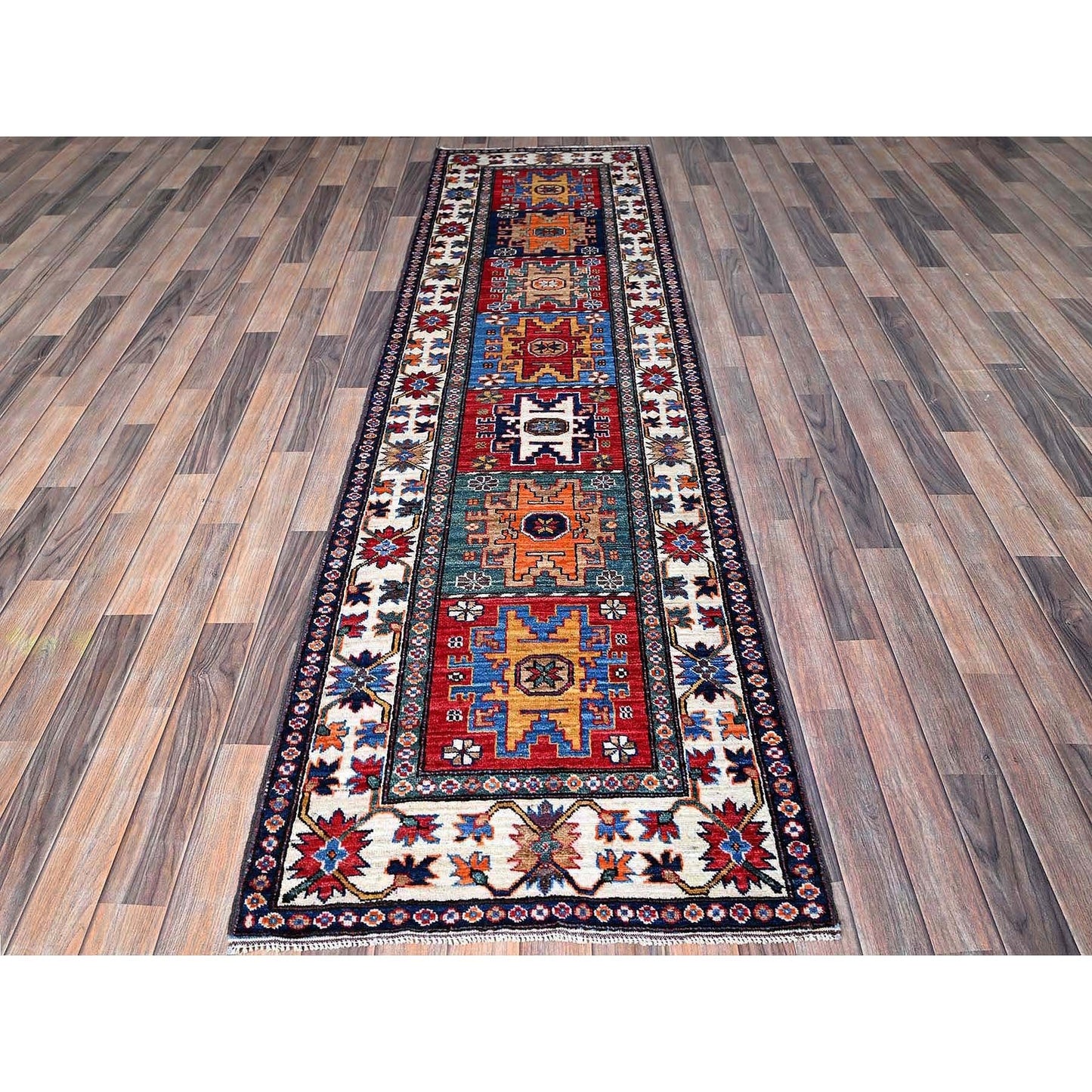 2'8"X9'2" Colorful Caucasian Design Revival Hand Knotted Wool Runner Rug