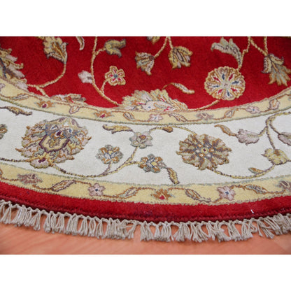 6'X6' Red Rajasthan All Over Pattern Hand Knotted Wool Silk Round Rug