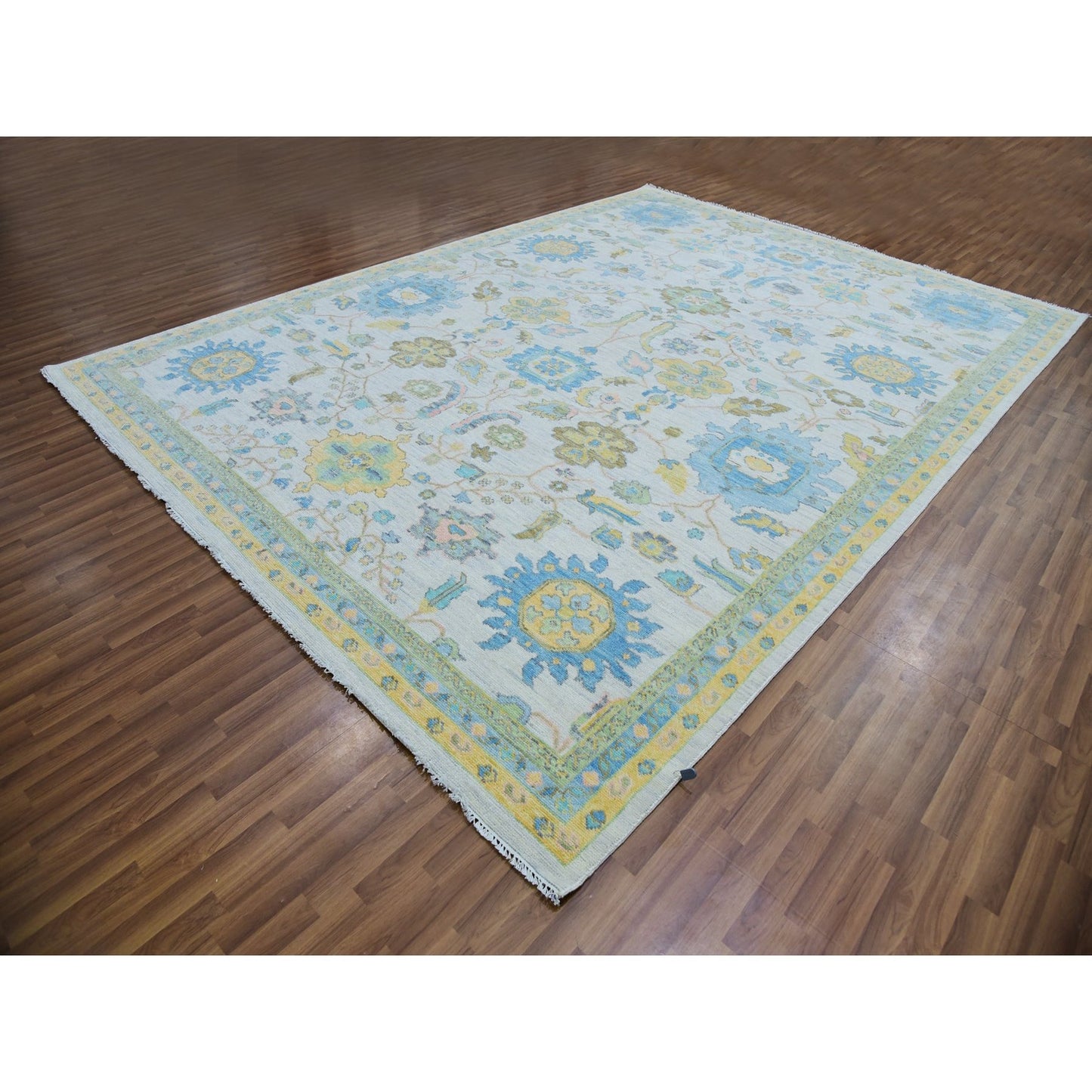 10'1"X14' Daisy Ivory Hand Knotted Oushak Weave And Design Pure Wool Rug